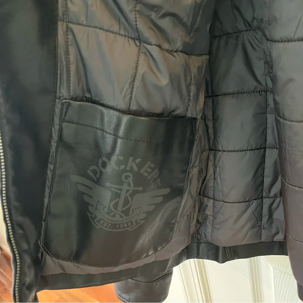 Cozy Dockers Bomber Jacket Faux Leather Brown Quilted Lining Size L - Picture 9 of 14